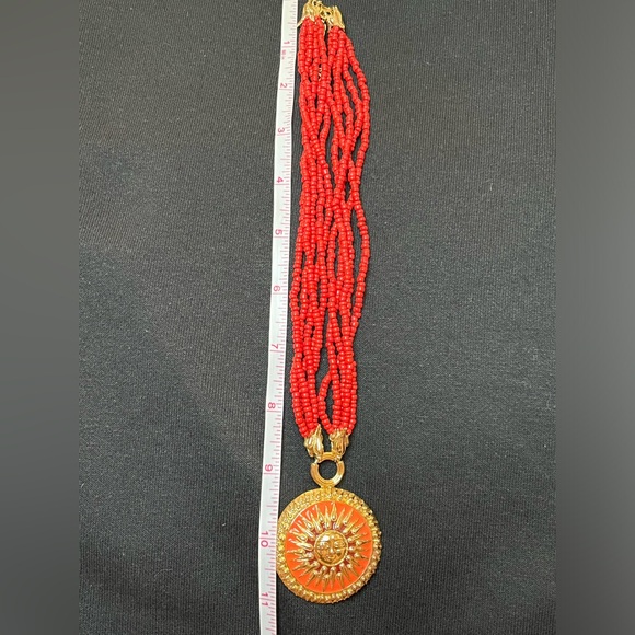 Vintage Bob Mackie Orange & Gold Sun Pendant Red Beaded Necklace - Picture 6 of 9